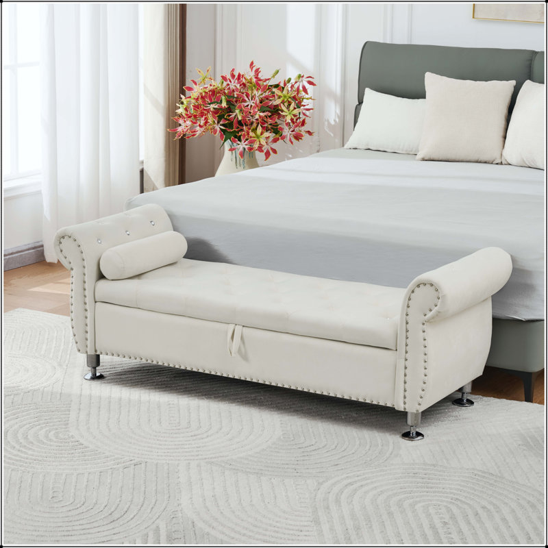 Banc de rangement en velours doux avec boutons en cristal et coussin - beige