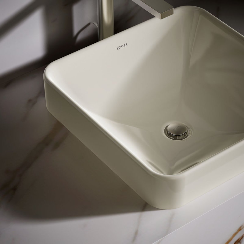 Vox Ceramic Square Vessel Bathroom Sink with Overflow, Biscuit