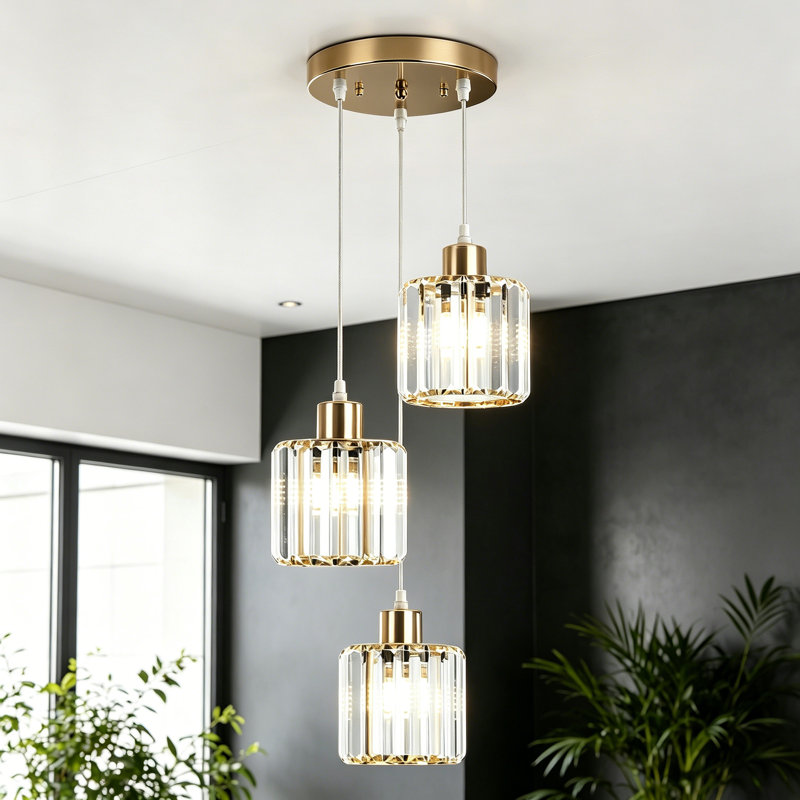 Lustre rond en cristal à 3 lumières avec abat-jour en cristal Stacyann, Or