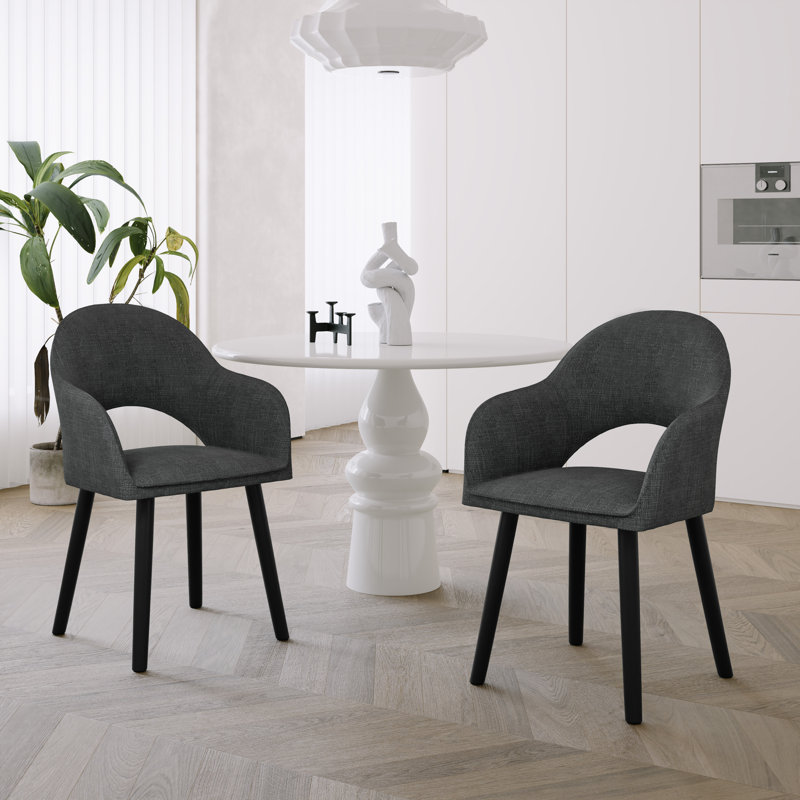 49.5cm H Luxury Fabric Upholstered Dining Chair with Wooden Legs, 2, Black Linen/Black
