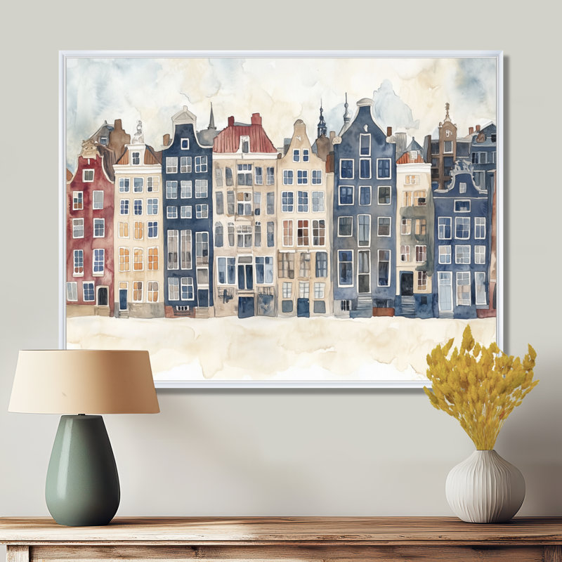 Maisons des canaux d'Amsterdam - Tableau encadré sur toile représentant un paysage urbain bleu marine, H 16 po x l 32 po