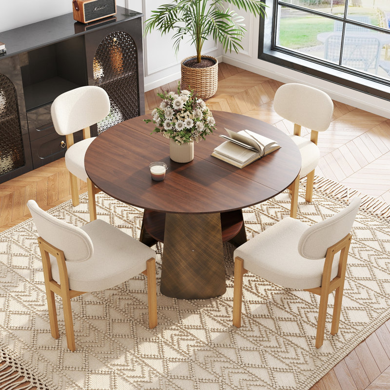 Modern Round Dining Table Set (47.25 Inches), Storage Pedestal MDF Table + Chenille-Upholstered Dining Chairs, Premium Rubberwood Frame, Versatile Dining Set For Home, Restaurants, And Small Spaces