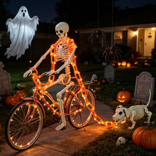 Squelette de 90 cm et squelette de chien avec guirlande lumineuse, décorations d'Halloween extérieures