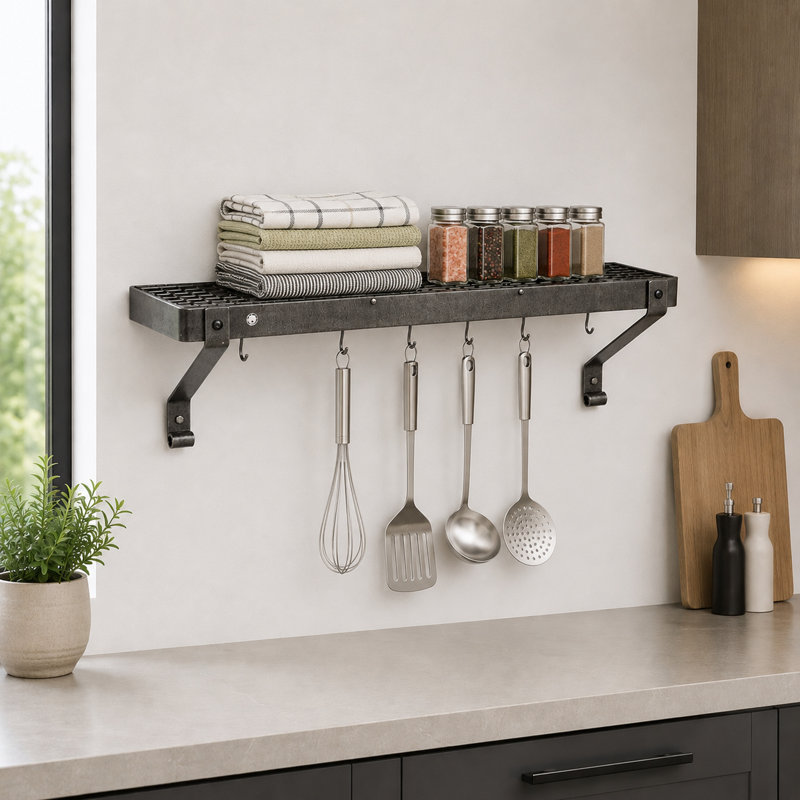 Gourmet Handcrafted Bookshelf Wall Mounted Pot Rack, 14" H x 30" W x 9" D