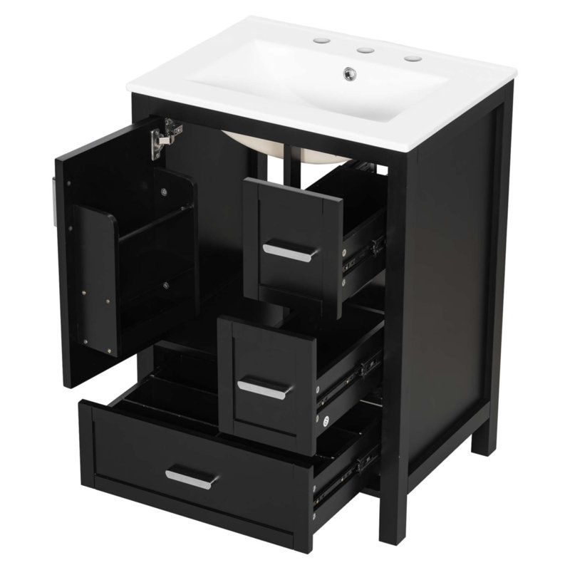 Meuble-lavabo moderne de 24 pouces avec lavabo en céramique, Noir