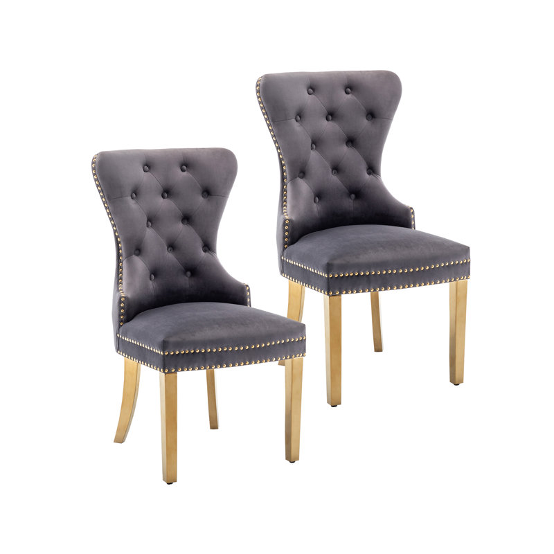 Chaise de salle à manger en velours avec pieds en bois d'hévéa Gislene, Velours gris, Doré