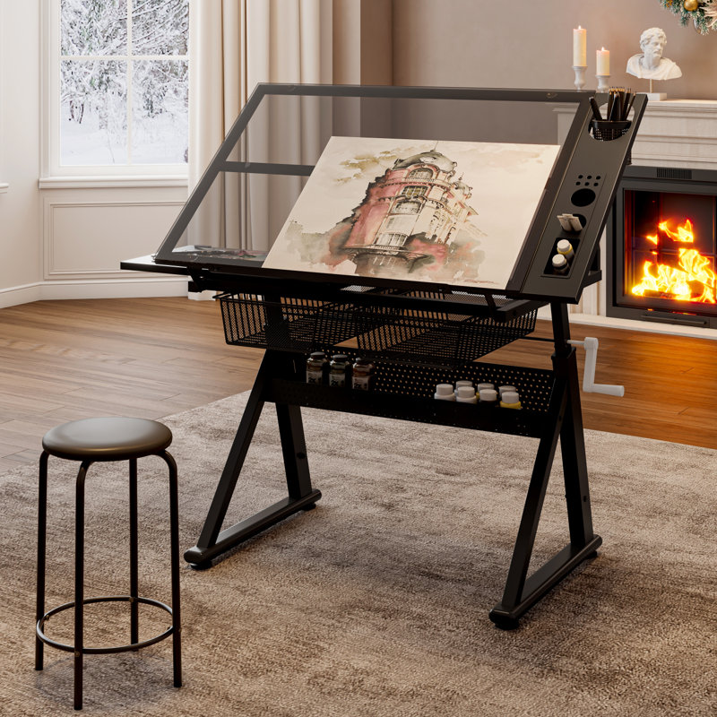 Table à dessin à manivelle réglable en verre trempé avec chaise et rangement, Noir