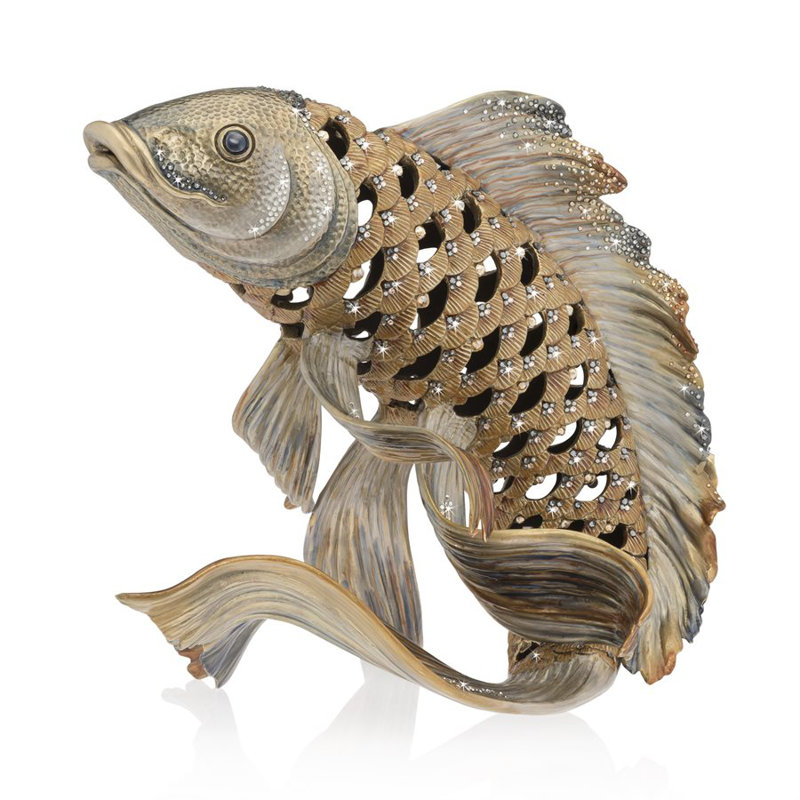 Handcrafted Brass Plated Koi Fish Figurine with Crystals