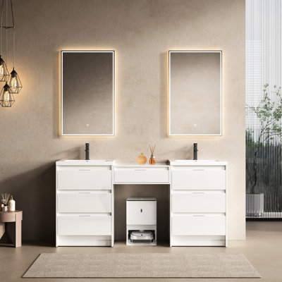 Meuble-lavabo autoportant 72 po, lavabo en résine 72 po, 1 armoire latérale, tiroirs à fermeture en douceur, ensemble de meuble-lavabo autoportant en contreplaqué blanc brillant, envoi Kd