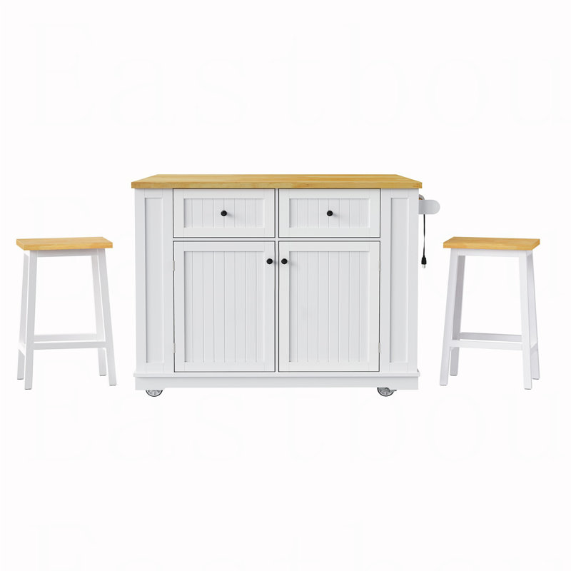Grand îlot de cuisine de 48 pouces avec 2 tabourets de bar, prise de courant, support de rangement interne pour porte, chariot de rangement de cuisine sur 5 roulettes avec abattant, 5 supports latéraux ouverts, 2 tiroirs, blanc (trois ensembles)