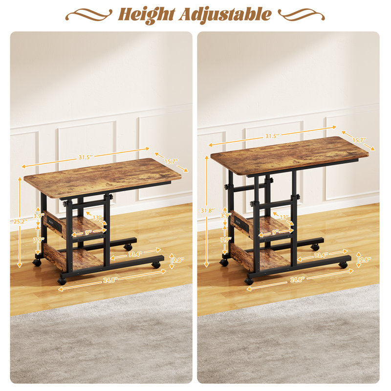 Height Adjustable C Table with USB Port and Wheels, Brown