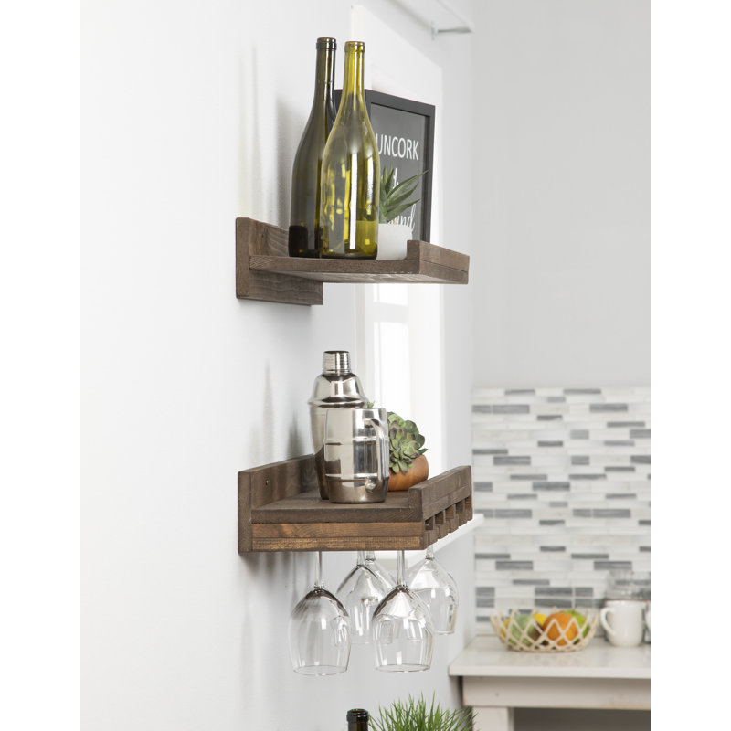 Support mural pour verres à vin en bois massif Charla, Gris, H 4,25 po x l 24 po x P 10 po
