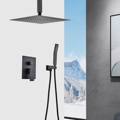 Système de douche de plafond en modèle noir mat - tête de 10 po et à main, laiton, imitation de pluie naturelle Mimics, buse autonettoyante, compatible avec les raccords de tuyaux standard américains avec tête de douche à main,