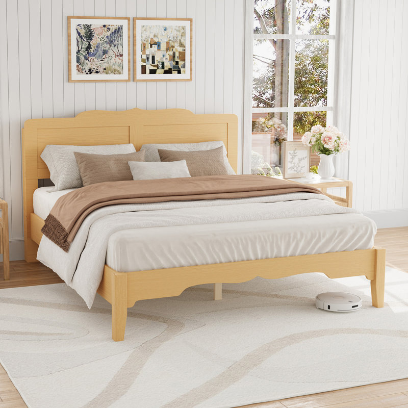 Minimalist Platform Wooden Bed Tall-Leg Bed Frame with Built-in Outlet, Light Wood, Queen