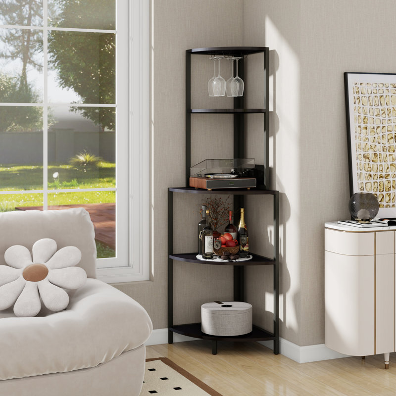 5 Tier Corner Shelf With LED Light And USB Plug, With Glass Holder, Tall Standing Shelf For Wall Corner, Narrow Bookshelf