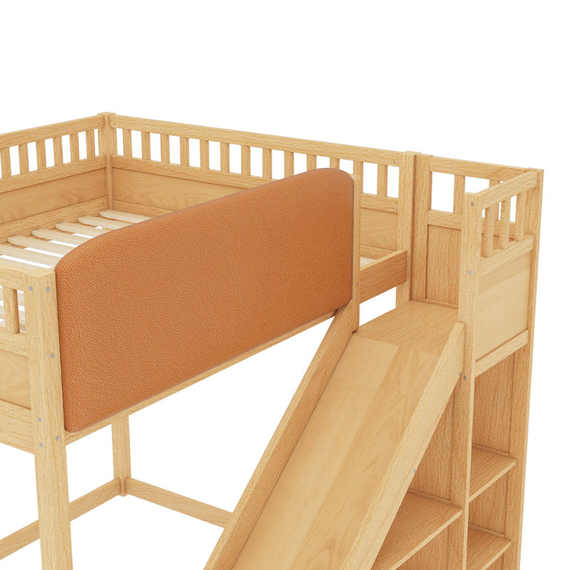 Lit mezzanine double avec tête de lit rembourrée et tablettes de rangement, Natural, Full