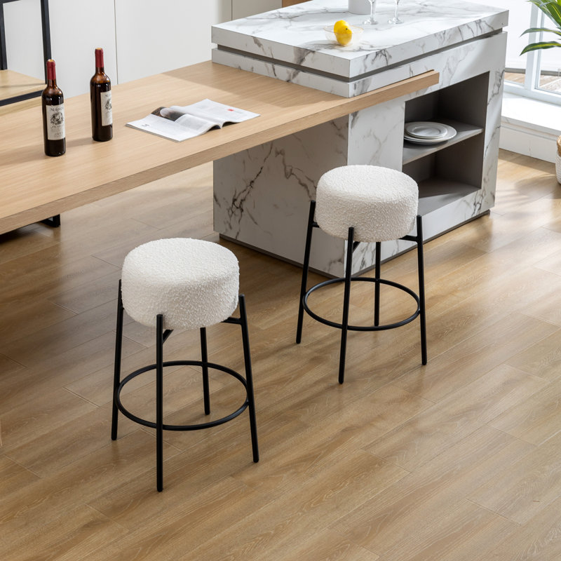 Amy Swivel Backless Boucle Upholstered 26.7"H Counter Stool with Steel Frame (Set of 2/3), White, 2
