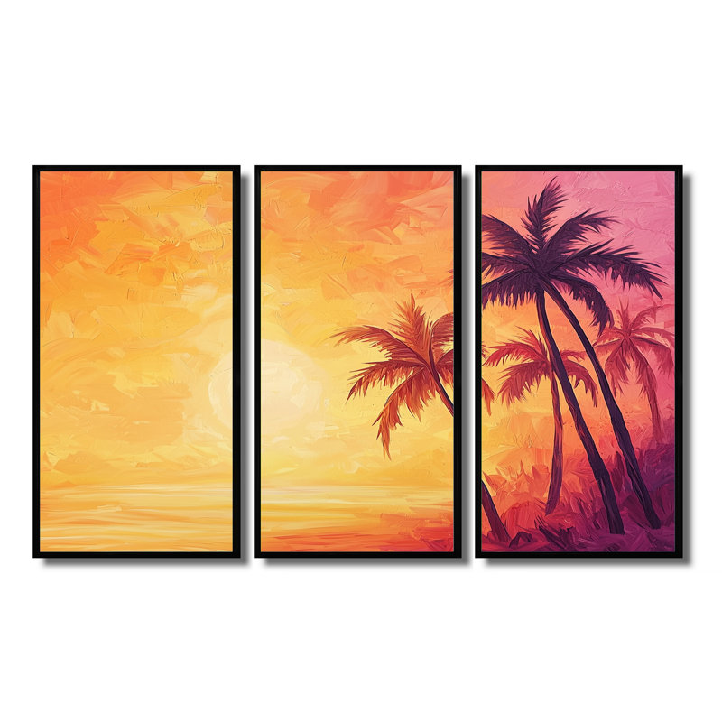 Sunset Oasis Palm Trees II - Ensemble de décoration murale Palmiers, Reproduction avec cadre flottant, Noir