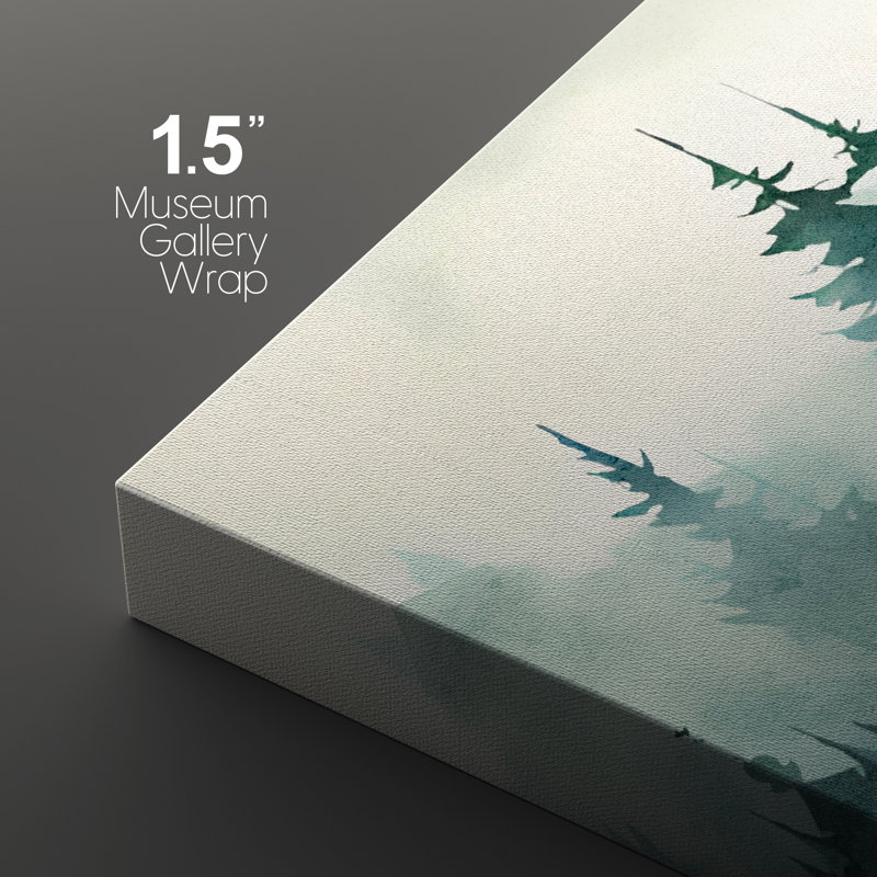 «Misty Evergreen Forest Landscape in Soft Green Tones», reproduction d'art sur toile encadrée, 3 pièces, H 36 po x l 72 po