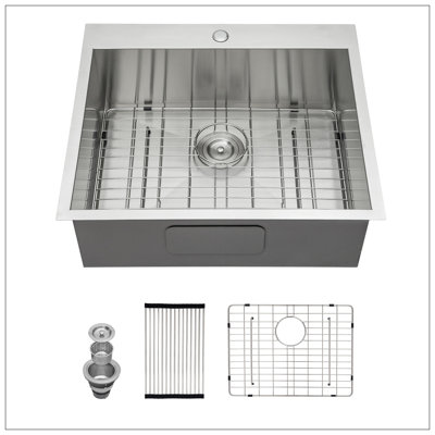 25"X22"X12" Stainless Steel Laundry Utility Sink Drop In Topmount Deep Single Bowl Kitchen Sink Basin