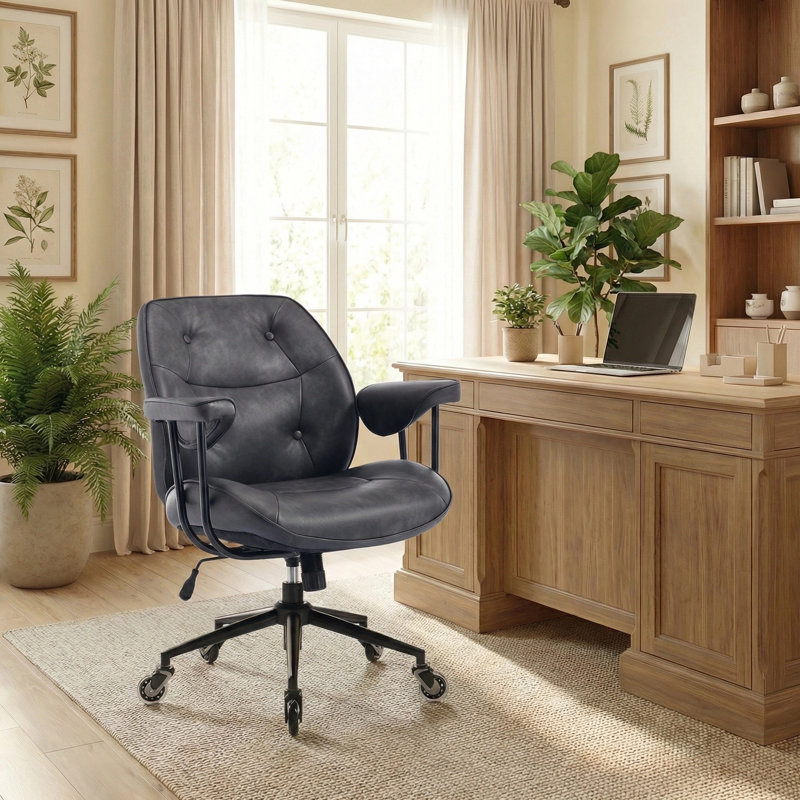 Retro Faux Leather Mid-Back Office Chair with Wheels, Wide Padded Seat, Lumbar Support and 90°–120° Rocking, Black