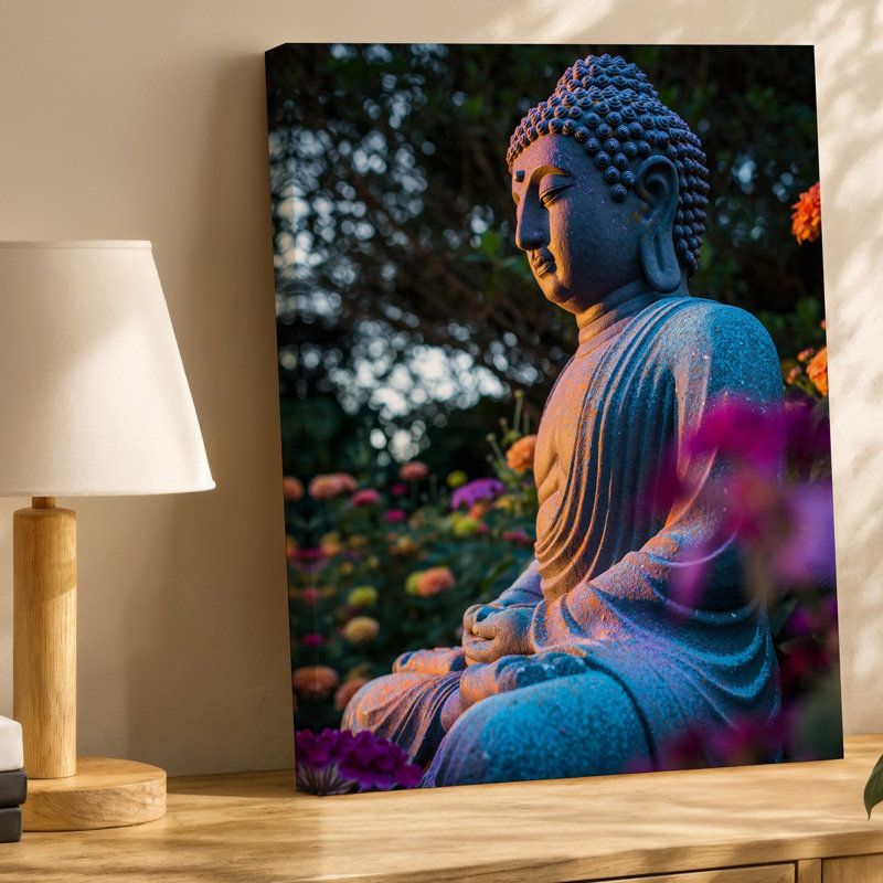 Toile, statue de Bouddha sereine avec détails complexes et surface d'art texturée partiellement recouverte de teintes vibrantes de bleu mauve