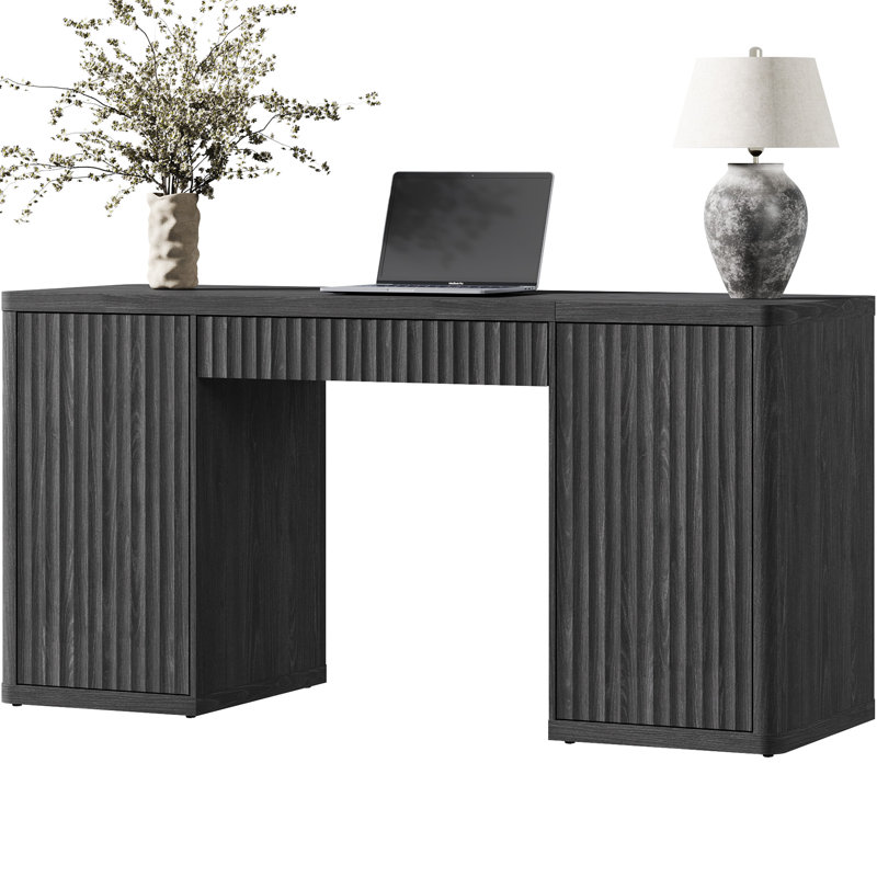 Bureau d'écriture cannelé 61 "avec tiroir et armoires Cesiro, Gris foncé, Ensemble de 1 