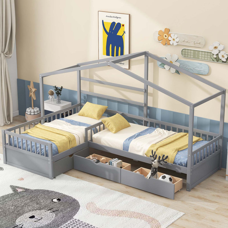 Lit plateforme House avec trois tiroirs de rangement, gris