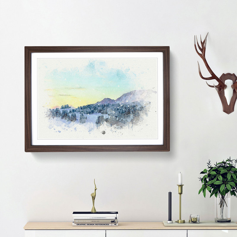 Mountain and Forest at Winter in Abstract - Picture Frame Graphic Art Print, 62cm H x 87cm W x 2cm D, Walnut Framed