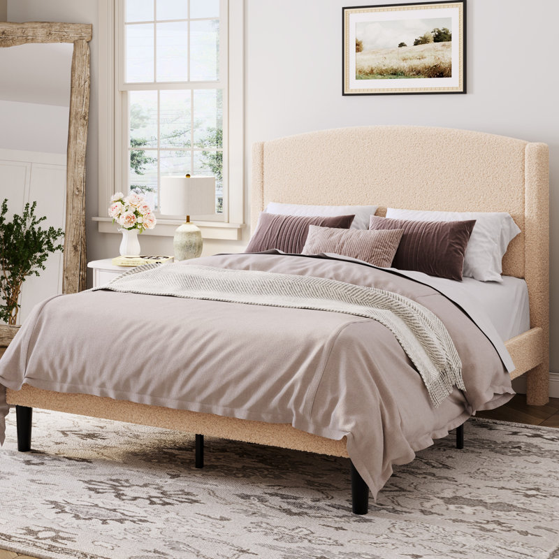 Lit plateforme tapissier Chic Teddy, Lit double, Beige