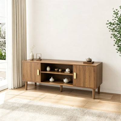 Meuble télé de style Mid-Century moderne de 47,2 po avec rainure linéaire, console média en noyer pour téléviseur de 55 po ou moins, tablette réglable et 2 armoires avec pieds en bois massif