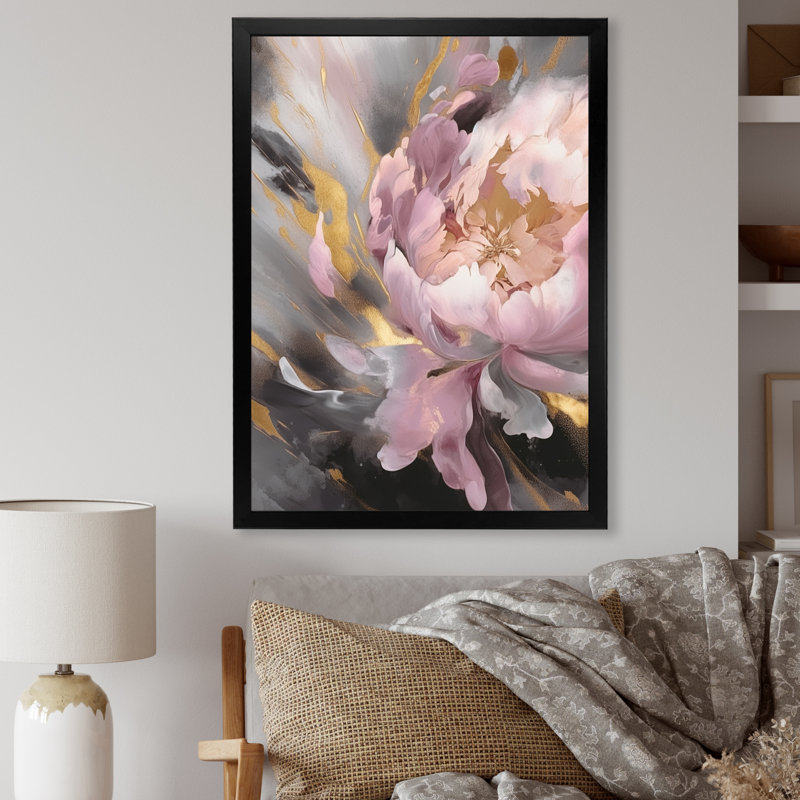 Reproduction d'art sur toile pivoine enchantée rose et or I, Cadre photo noir, H 20 po x l 12 po