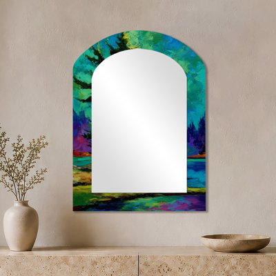 Vintage Wall Mirror – Vibrant Green Pine Trees Morning Sun, Metal Print