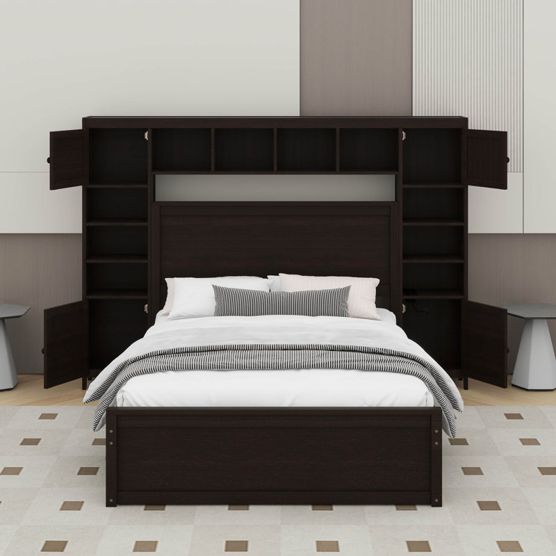 Queen Size Wooden Bed With Cabinet, Shelf And Sockets,Twin XL Trundle, Espresso
