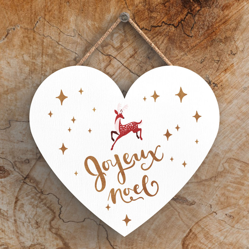 Xmas Joyeux Noel Wooden Heart Plaque, 10cm H x 9cm W x 0.5cm D