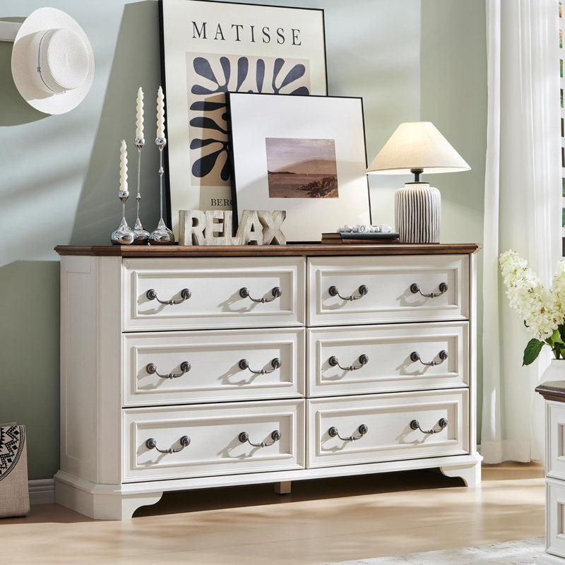 Farmhouse 6-drawer Wooden Chest Of Drawers, Solid Wood Dresser, Storage Cabinet For Bedroom, Antique White