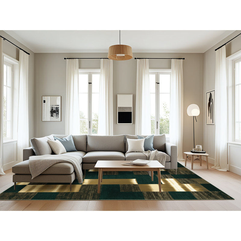 Machine Washable Checkered Green Area Rug, Rectangle 6' x 9'
