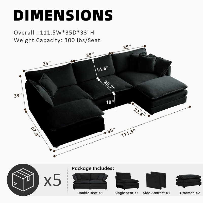 Latitude Run U Shaped Modular Sectional Sofa Chenille Deep Seat Cloud Couch with 2 Movable Ottoman, Black Chenille
