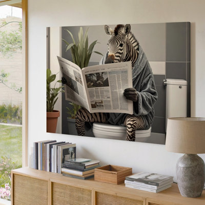 A Zebra Sitting On A Toilet Reading A Newspaper The Zebra Is Wearing A Black And White Canvas Wall Art Premium Quality Ready To Hang