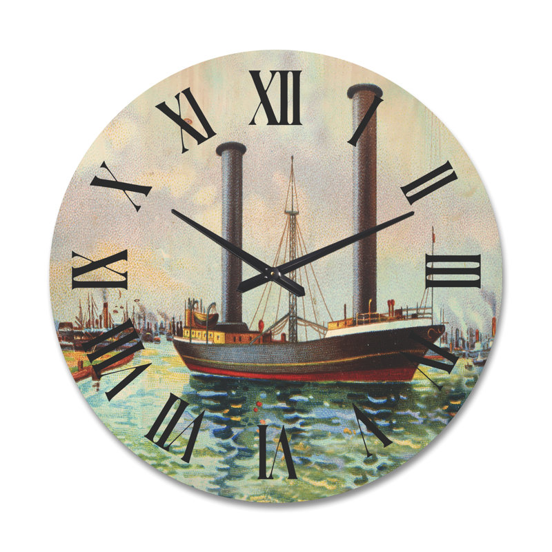 Horloge murale en bois ancien bateau sortant du port, Grand