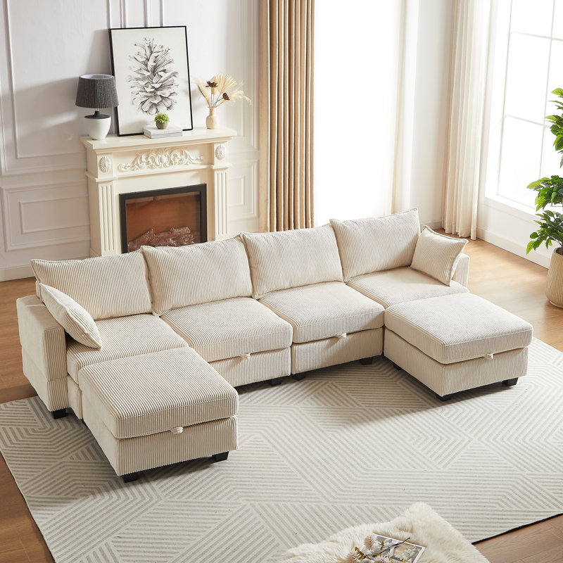Modular Convertible Corduroy Sofa,U Shaped Sectional Couch with Storage Ottoman and Chaise, Beige Corduroy