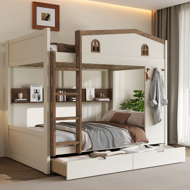 Lit superposé double en bois massif avec tiroirs de rangement, tablettes et crochets, sans sommier, beige et naturel