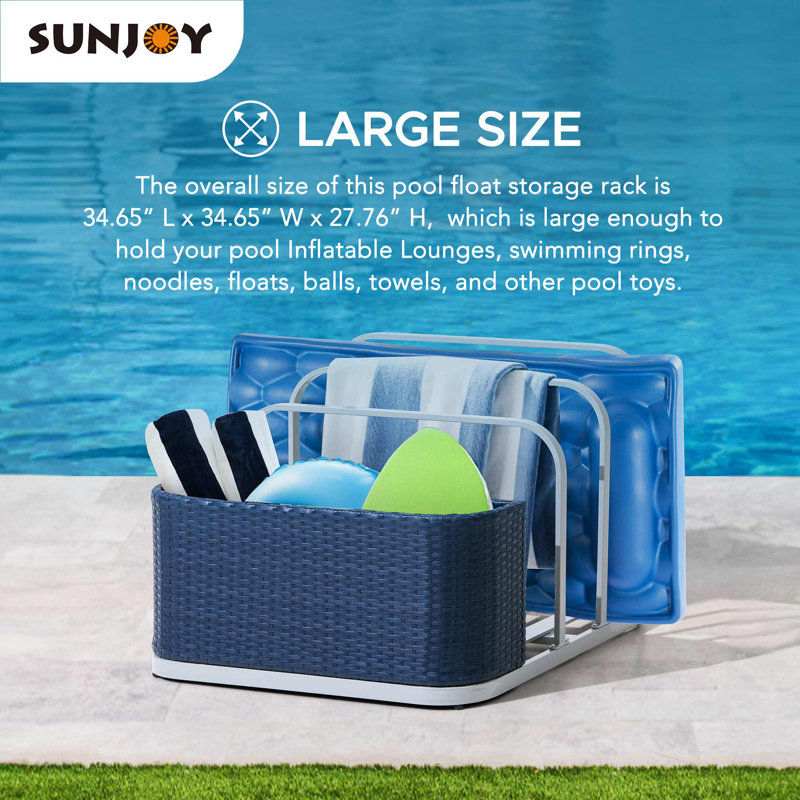 Sunjoy Rust-proof Aluminum Pool Float Storage Rack, 35 Inch Outdoor Wicker Poolside Float Organizer, Pool Float Caddy for Cushions, Floaties, Noodles, Pool Toys