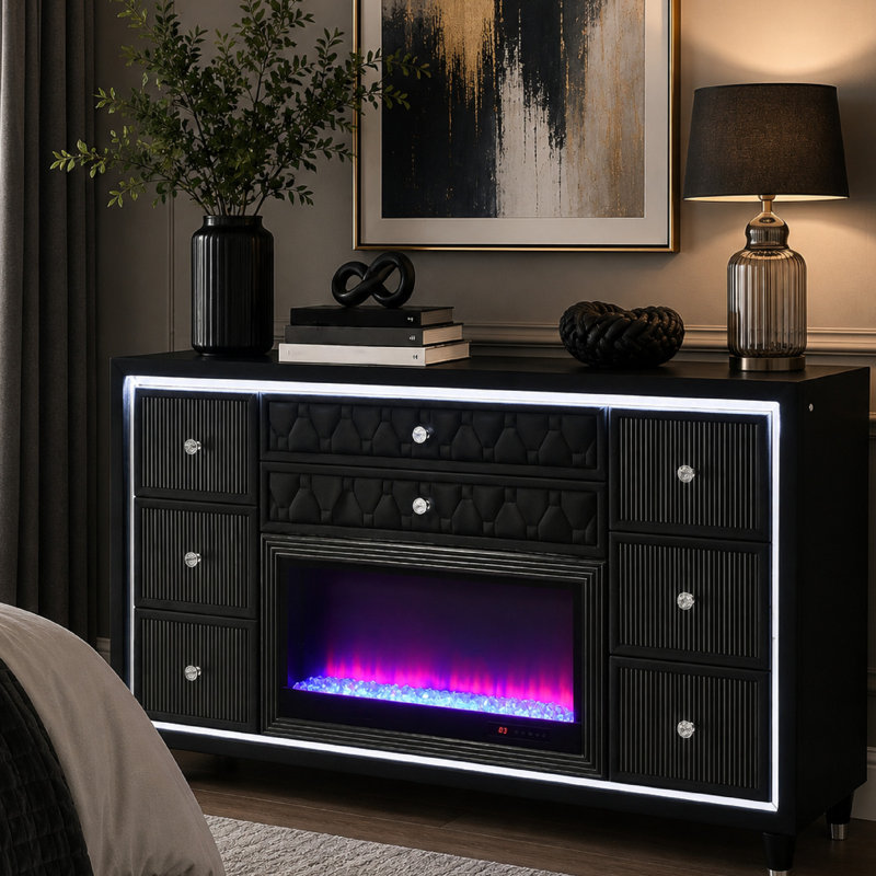 Commode large Maren, 8 tiroirs et boîte à flamme DEL, velours noir, Noir/transparent