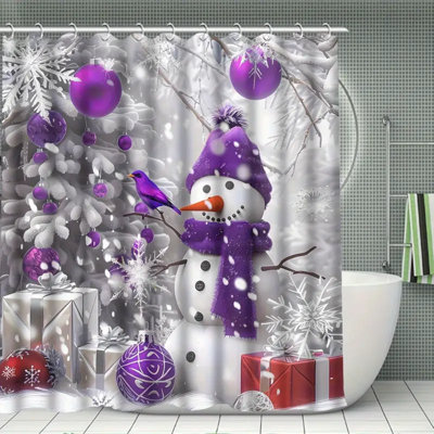 4Pcs Purple Snowman Shower Curtain Set, Christmas Snowman Pattern Bathroom Decorations With 12 Hooks, Bathroom Rug, Toilet U-Shape Mat, Toilet Lid Cover Pad, Bathroom Sets, Shower Curtain Sets For Bathrooms, Christmas Decorations Gift