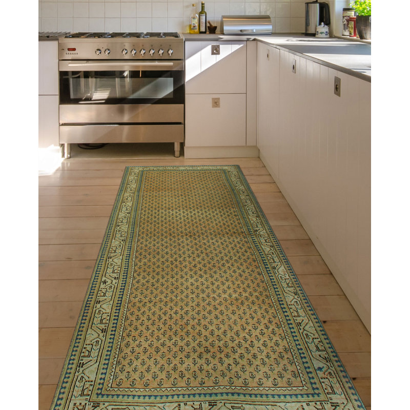 One-of-a-Kind 3'7" x 10'3" 1980s Runner Wool Area Rug in Beige and Blue