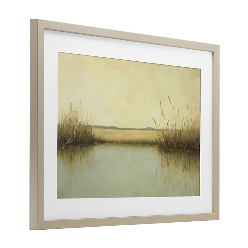 Reproduction sous verre encadrée de roseaux le long de la rivière, design par Franklyn Gregory, H 17 po x l 23 po
