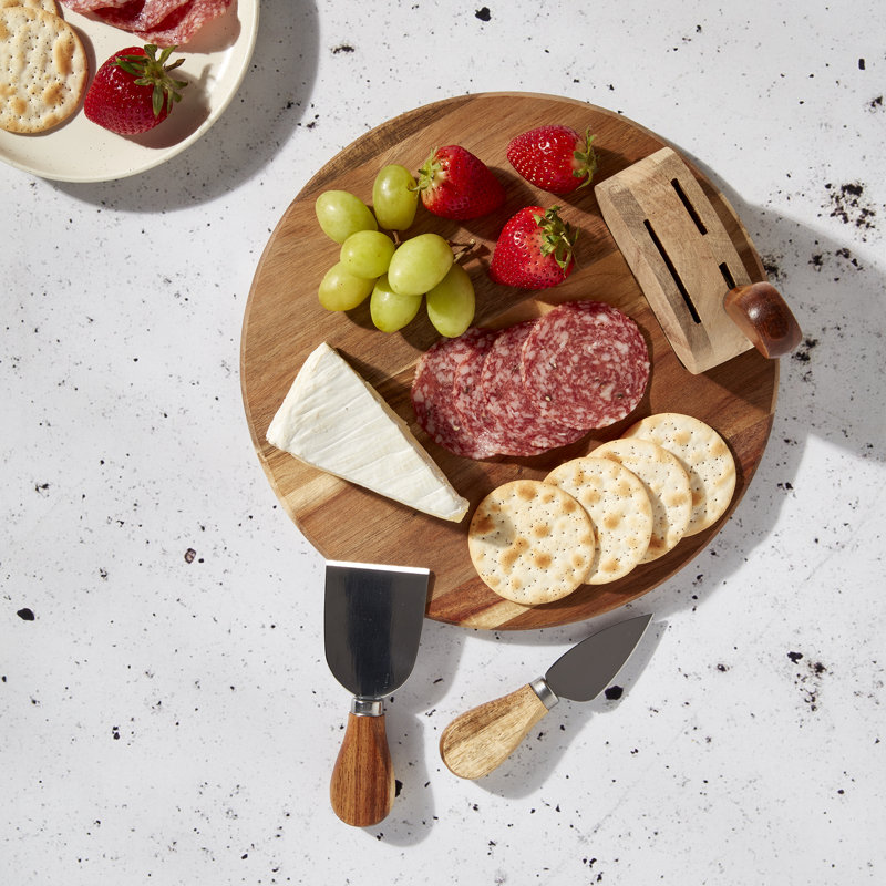 Tabletops Gallery Tabletops Gallery Acacia Wood 5-piece Round Serving Board Set with Cheese Knives and Holding Block