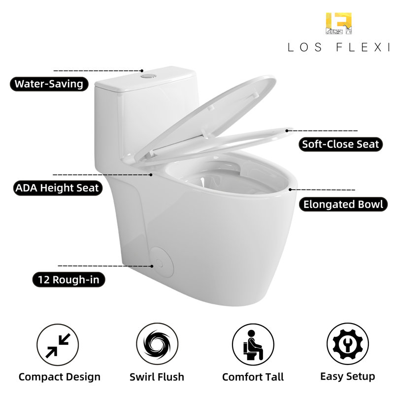 17.3" Comfort ADA Height One Piece Toilet, White Ceramic Elongated Modern Toilet with Rimless Swirl Flush, Dual Flush 1.0/1.28 GPF, 12" Rough-In