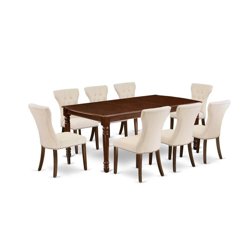Ensemble de table de salle à manger 9 pièces comprenant une table de cuisine rectangulaire à feuilles de papillon et 8 chaises rembourrées en tissu de lin beige clair, acajou